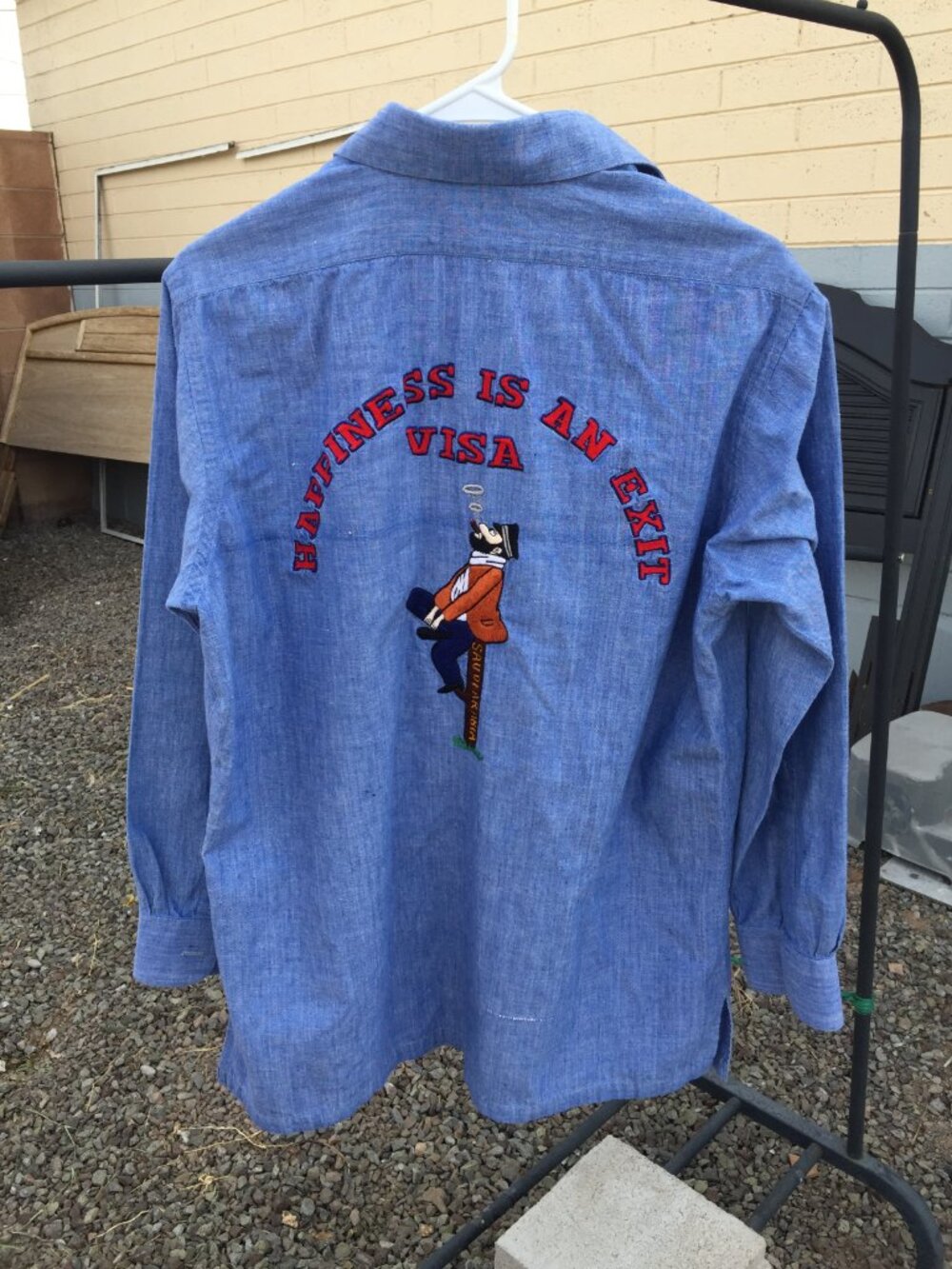 Rare Vtg 70s Embroidered Chambray Shirt "Happiness Is An Exit Visa Saudi Arabia"